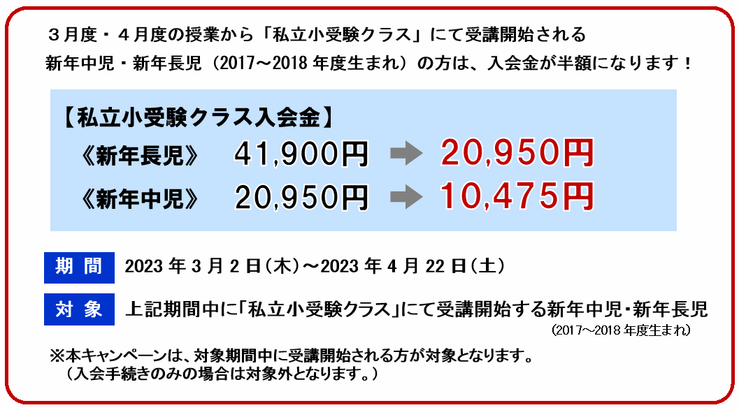 私立小受験クラス　入会金半額キャンペーン